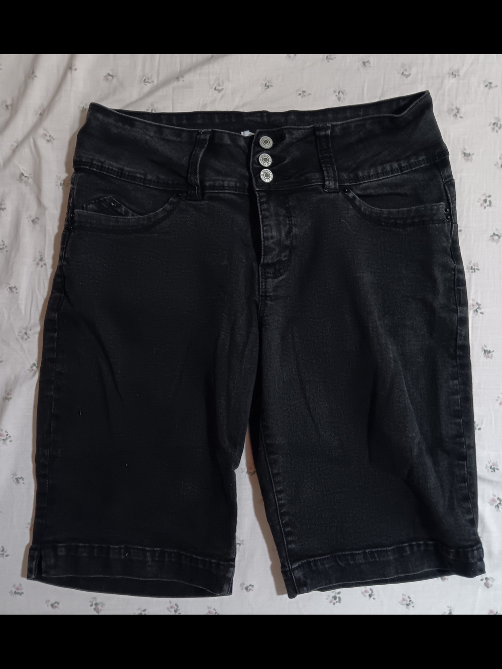 Royalty For Me Black Denim Bermuda Shorts with Triple-Button Front